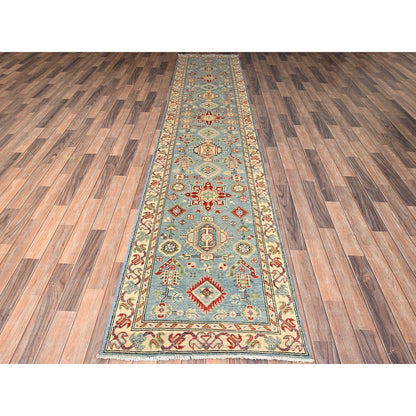 2'9"X12'9" Blue Kazak With Geometric Design Hand Knotted Rug Wool Runner