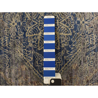 3'X5' Blue Erased Rosette Design Silk With Wool Hand Knotted Rug