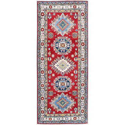 2'9"X6'8" Red Kazak With Medallions Design Hand Knotted All Wool Runner Rug