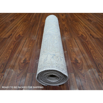 2'8"X11'6" Gray Natural Wool White Wash Peshawar Hand Knotted Runner Rug