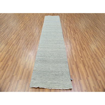 2'6"X12'4" Dorian Gray Grass Design Undyed Wool Hand Knotted Runner Rug