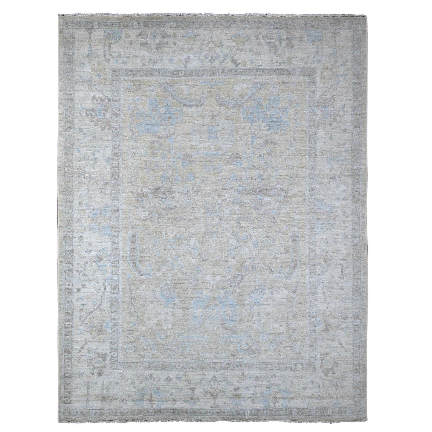 9'X11'9" Silver Gray Hand Knotted Faded Afghan Angora Oushak Oriental Rug