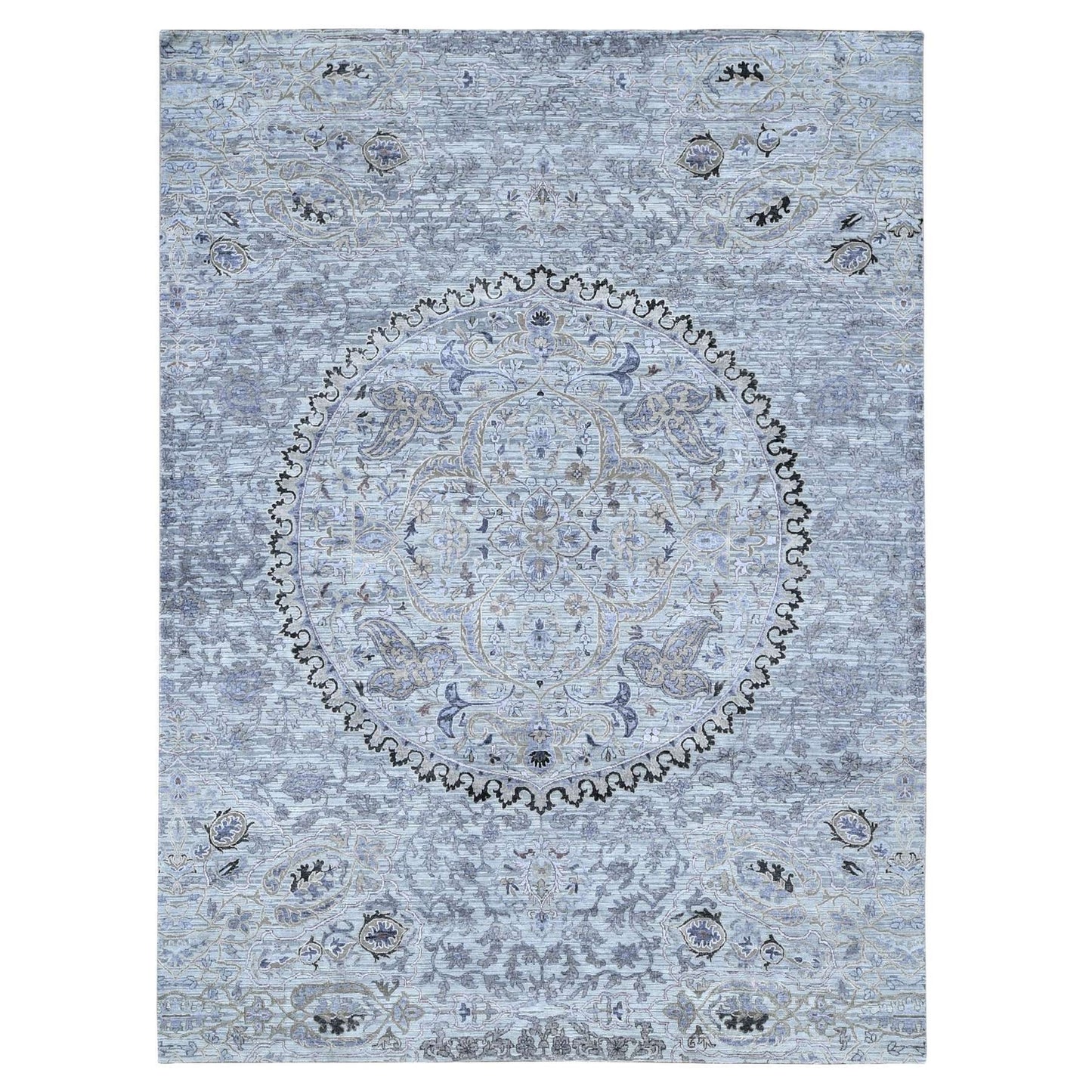 9'X12' Silver Gray The Maharaja Design Silk With Wool Hand Knotted Rug