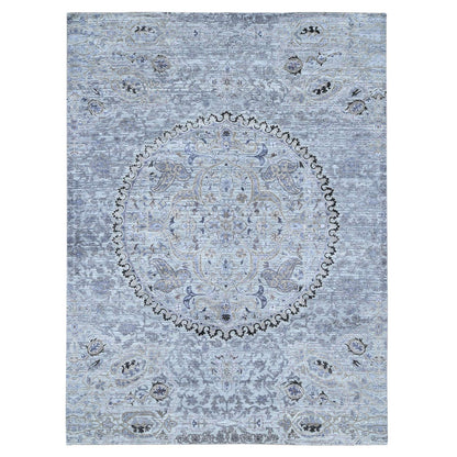 9'X12' Silver Gray The Maharaja Design Silk With Wool Hand Knotted Rug