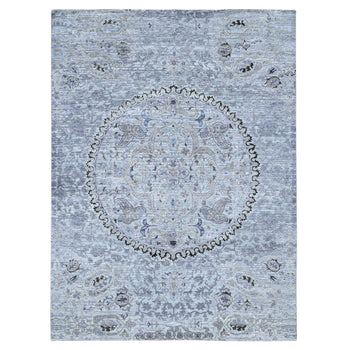 9'X12' Silver Gray The Maharaja Design Silk With Wool Hand Knotted Rug