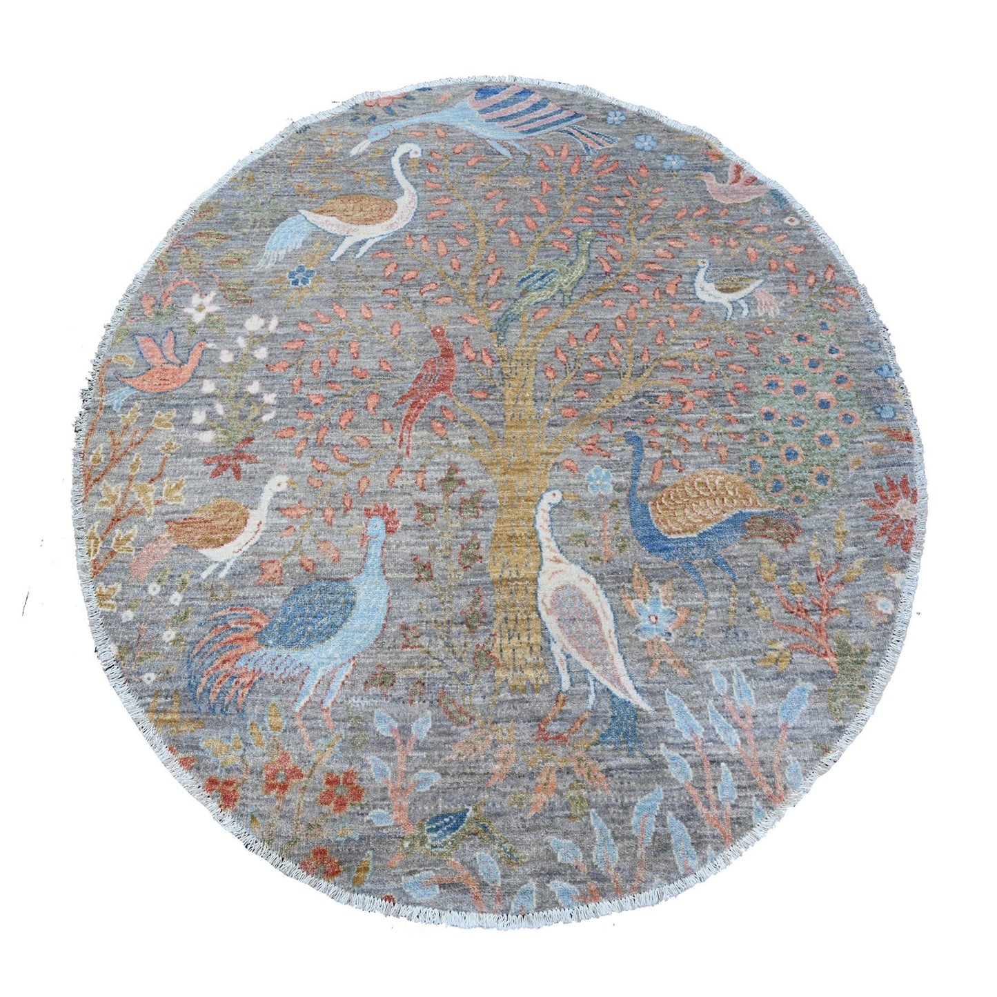 5'X5' Daphne Gray Hand Knotted Peshawar Birds Of Paradise Wool Round Rug