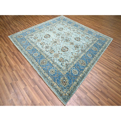 8'X8' Sky Blue Shah Abbas Flower Design Pure Wool Hand Knotted Square Rug