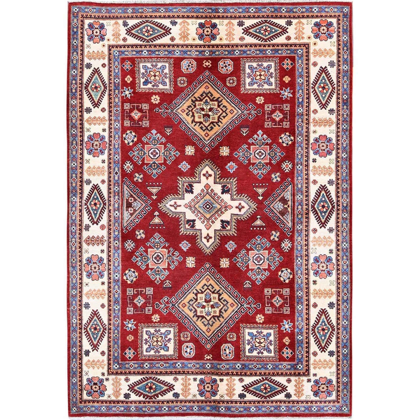 6'X8'10" Red Afghan Special Kazak Geometric Pattern Hand Knotted Wool Rug
