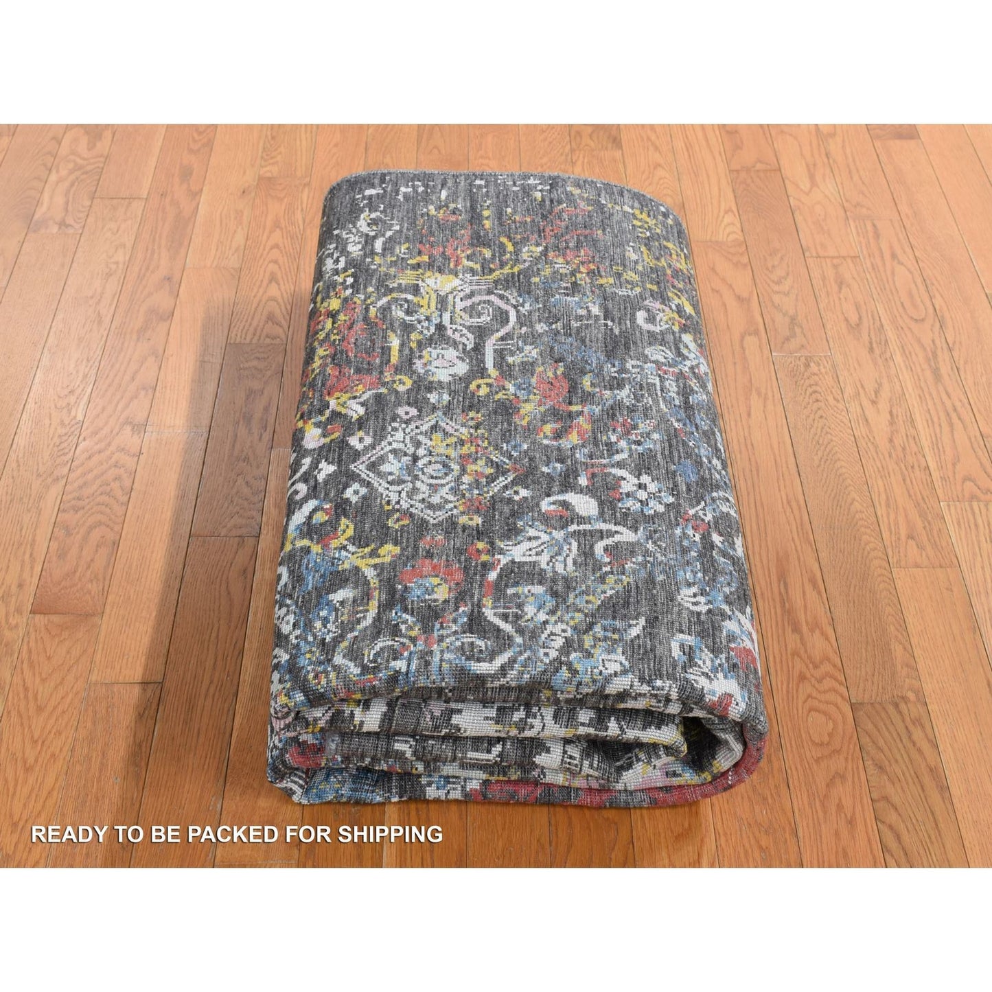 Rug 6'1"X9'2" Black Transitional Agra Design Wool and Silk Hand Knotted