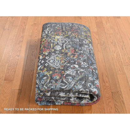 Rug 6'1"X9'2" Black Transitional Agra Design Wool and Silk Hand Knotted
