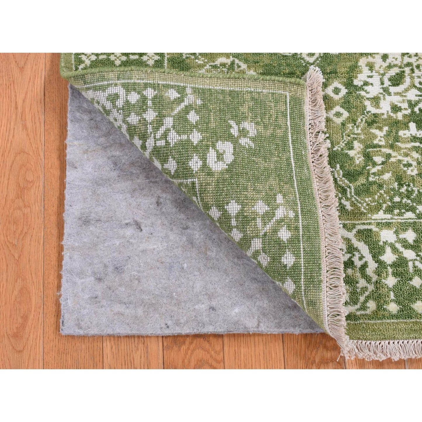 2'6"X6' Green Tebraz Design Wool And Silk Hand Knotted Runner Rug