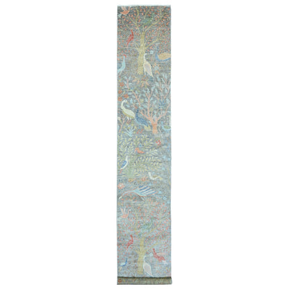 2'6"X15'7" Gray Afghan Paradise Design Soft Wool Hand Knotted Runner Rug