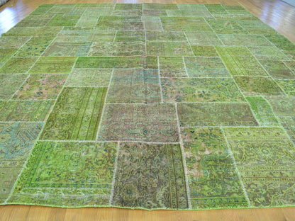 13'2"X15'8" Overdyed Patchwork Worn Down Tebraz Pure Wool Handmade Rug
