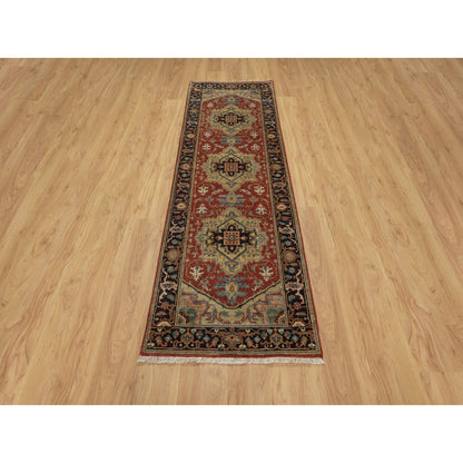 2'6"X7'9" Ruby Red Hand Spun Wool Heris Revival Hand Knotted Runner Rug