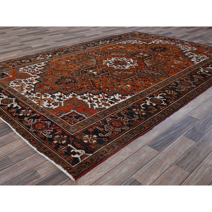 6'7"X9'7" Vivid Orange Vintage Zoroastrian Heris Pure Wool Hand Knotted Rug