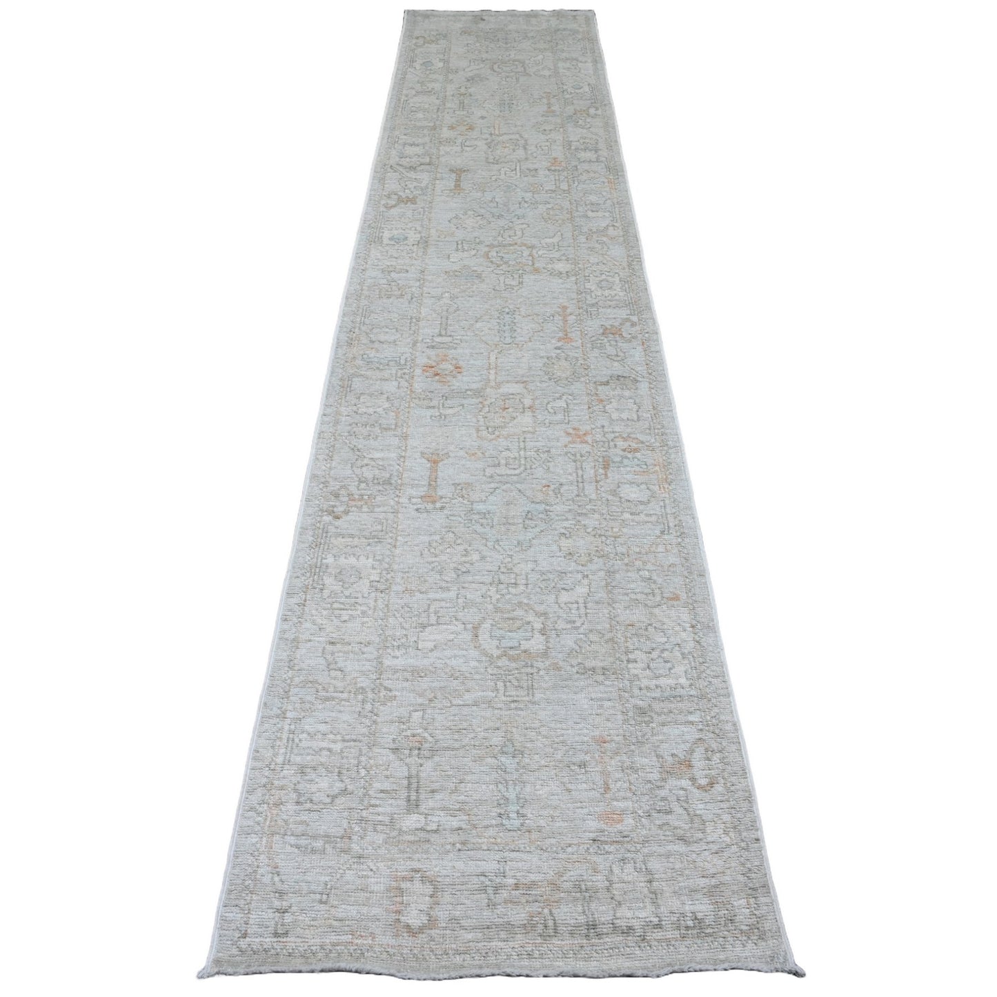 2'7"X12'6" Cement Gray Hand Knotted Afghan Angora Oushak Wool Runner Rug