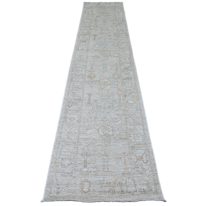 2'7"X12'6" Cement Gray Hand Knotted Afghan Angora Oushak Wool Runner Rug