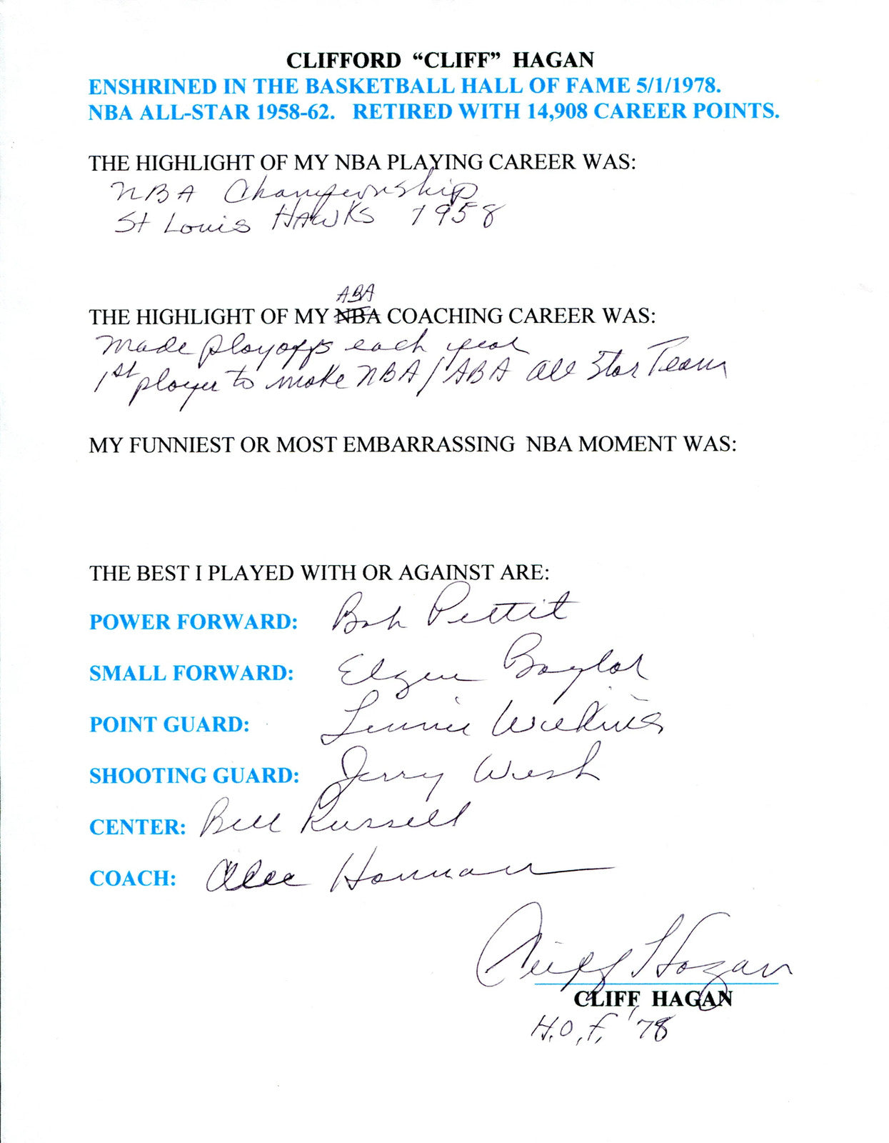 Cliff Hagan Autographed Hand Filled Out Survey Page (Jsa)