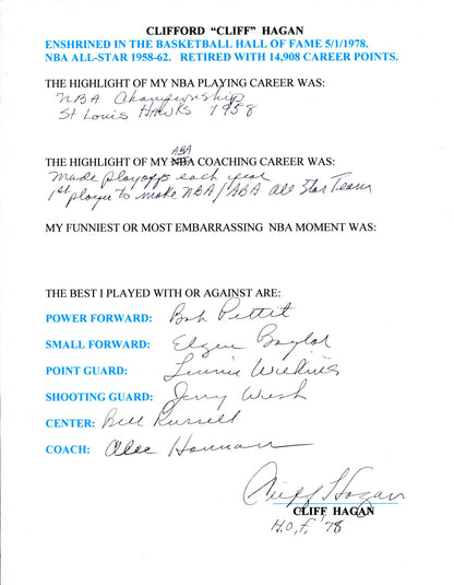 Cliff Hagan Autographed Hand Filled Out Survey Page (Jsa)
