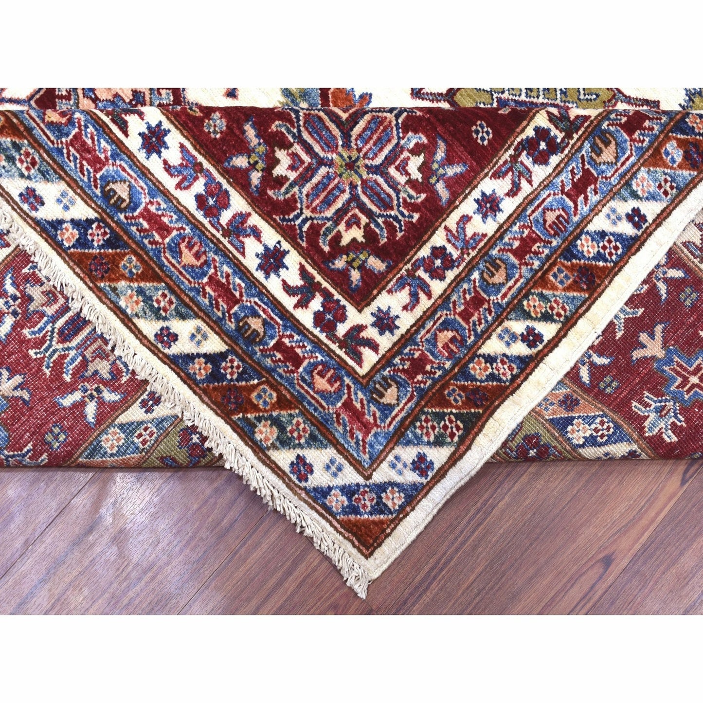 9'1"X12'4" Ivory Super Kazak Repetitive Medallions Wool Hand Knotted Rug