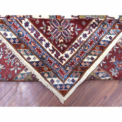 9'1"X12'4" Ivory Super Kazak Repetitive Medallions Wool Hand Knotted Rug