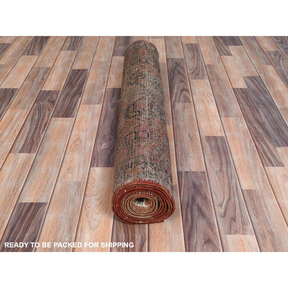 3'5"X10'6" Orange Vintage Farsian Worn Wool Hand Knotted Wide Runner Rug