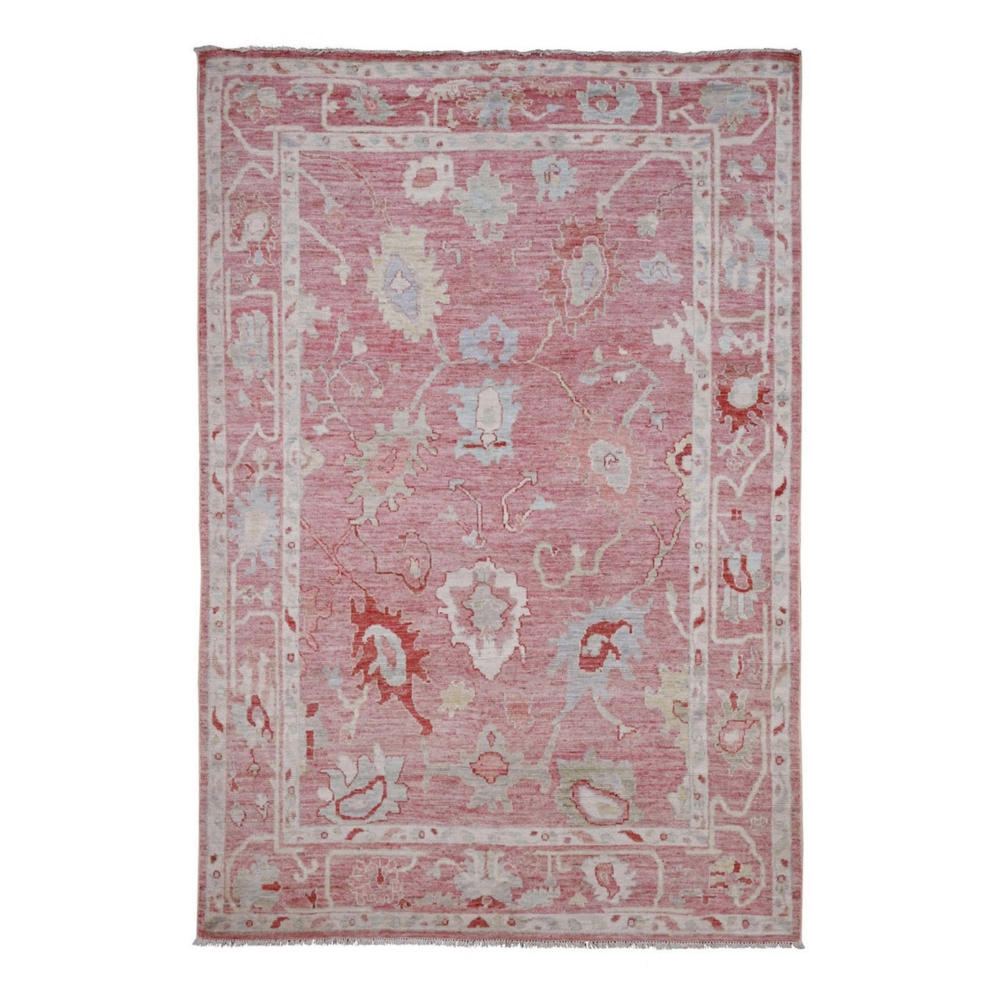 Rug 5'9"x8'9" Pink Hand Knotted Afghan Angora Oushak Leaf Design All Wool