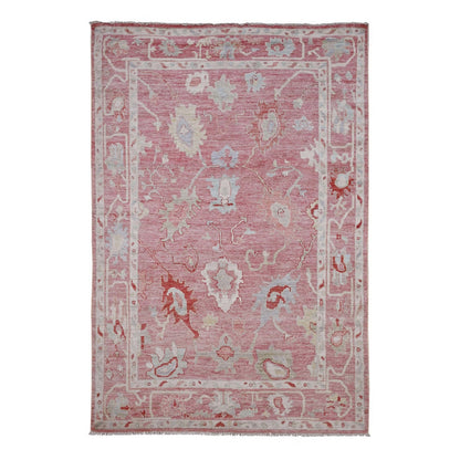 Rug 5'9"x8'9" Pink Hand Knotted Afghan Angora Oushak Leaf Design All Wool