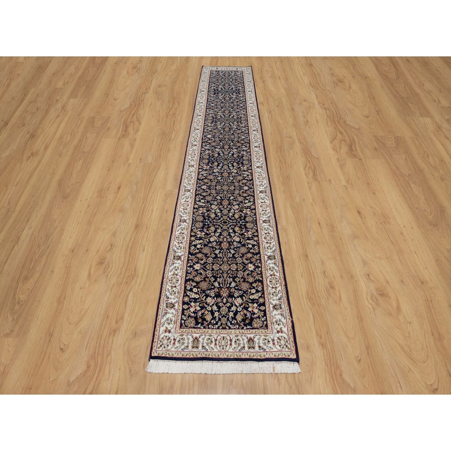 2'6"X13'3" Blue Nain Flower Design Wool And Silk Hand Knotted Runner Rug