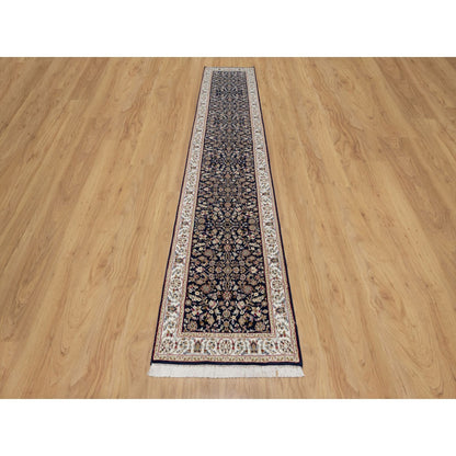 2'6"X13'3" Blue Nain Flower Design Wool And Silk Hand Knotted Runner Rug