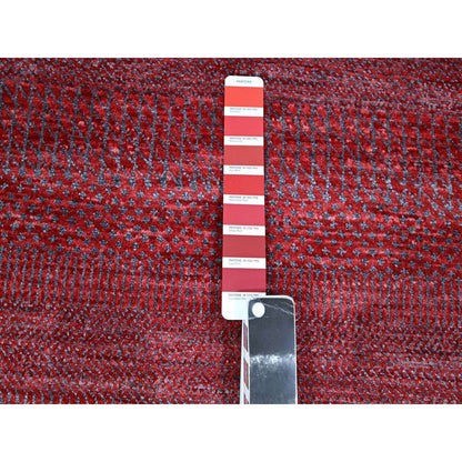 2'6"X16'3" Red Modern Grass Design Hand Knotted Wool And Silk Runner Rug