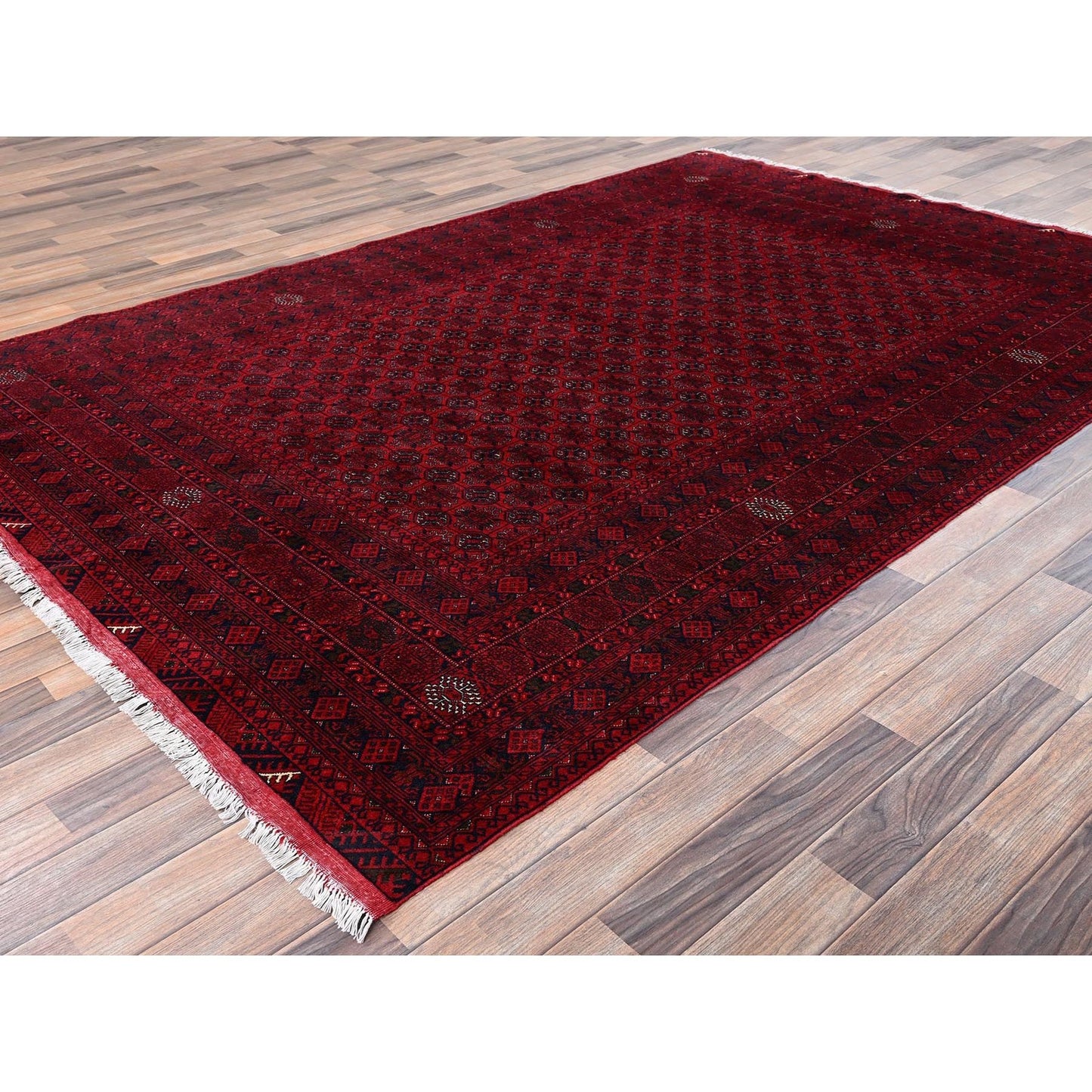 6'5"x9'5" Red Turkaman with Khoja Roshni Design Hand Knotted Soft Wool Rug