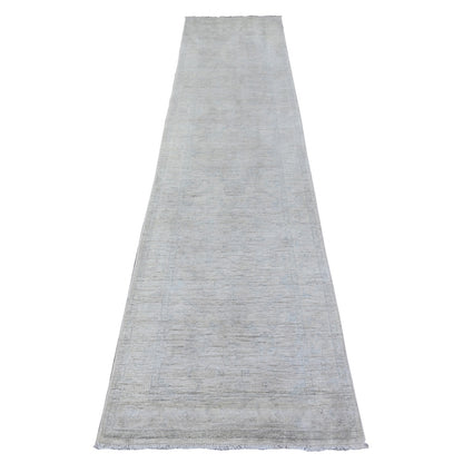 2'7"X11'2" White White Wash Peshawar Hand Knotted Pure Wool Runner Rug