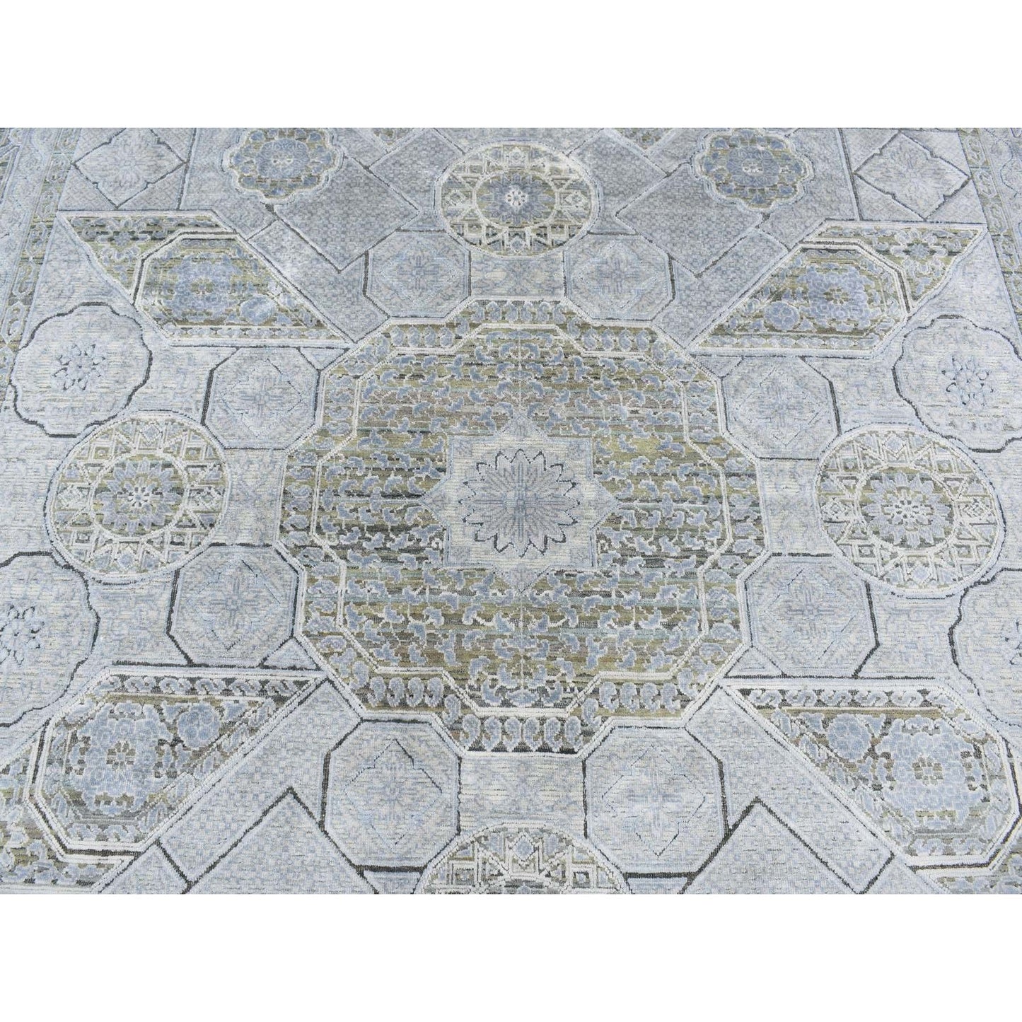 9'X11'7" Cadet Gray Silk With Wool Mamluk Design Hand Knotted Rug