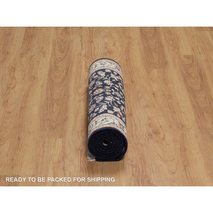 2'7"X6'4" Navy Blue Nain Vines Design Wool & Silk Hand Knotted Runner Rug