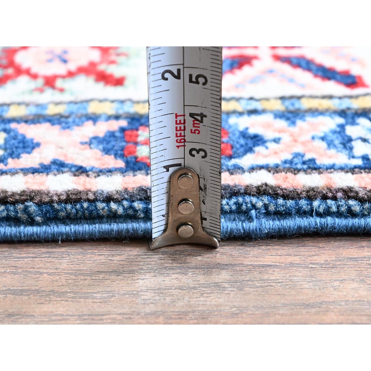 2'7"X6'7" Blue Kazak With Tribal Design Hand Knotted Soft Wool Runner Rug