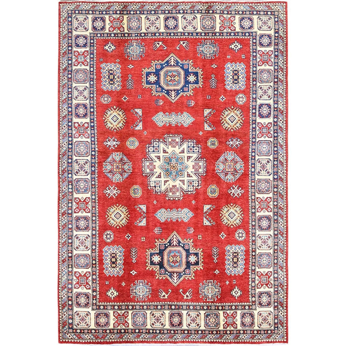 6'X9' Red Afghan Special Kazak Medallions Design 100% Wool Hand Knotted Rug