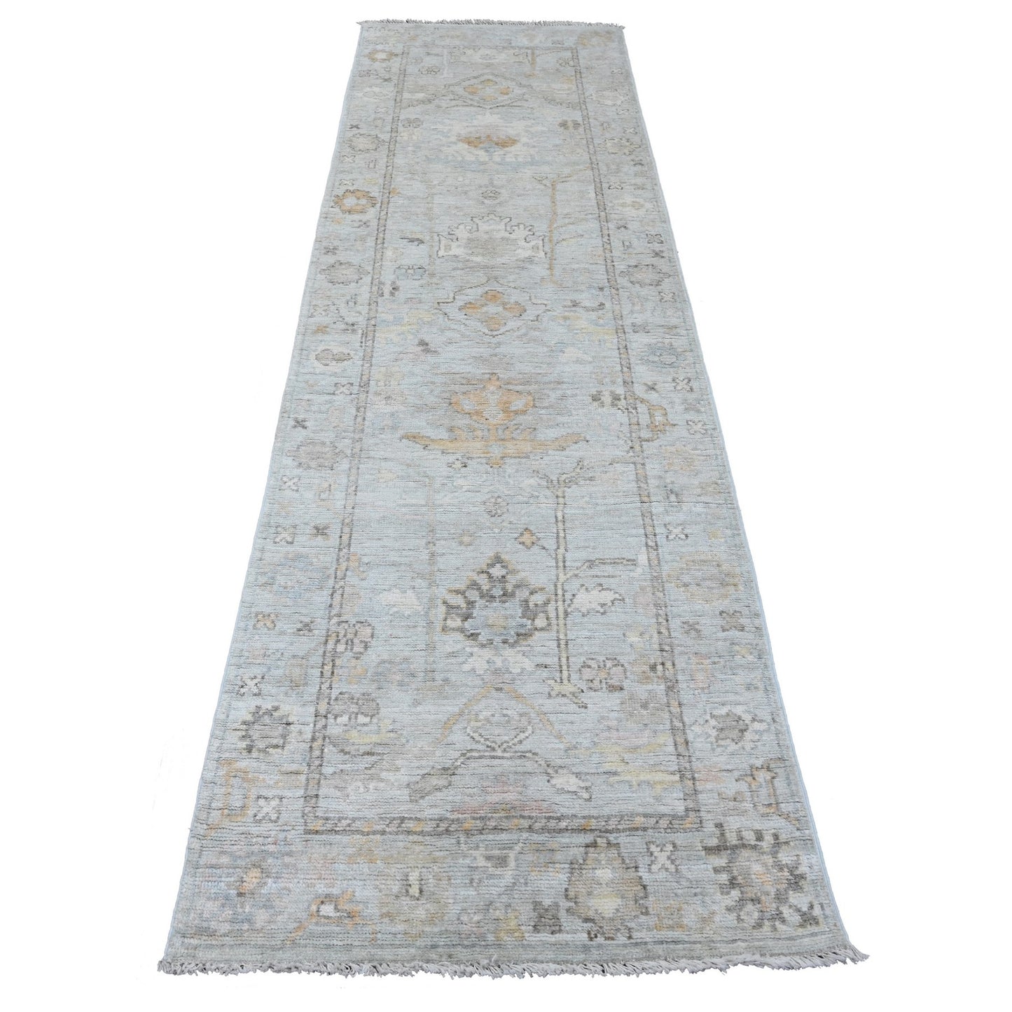 3'X9'9" Cloud Gray Afghan Angora Oushak Pure Wool Hand Knotted Runner Rug