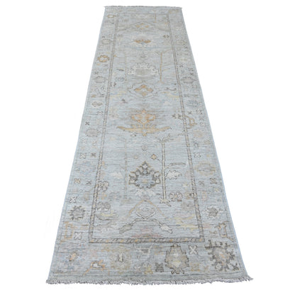 3'X9'9" Cloud Gray Afghan Angora Oushak Pure Wool Hand Knotted Runner Rug