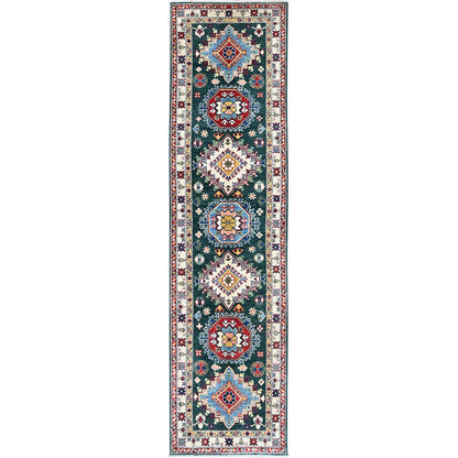 2'6"X9'9" Green Kazak With Medallions Design Wool Hand Knotted Runner Rug