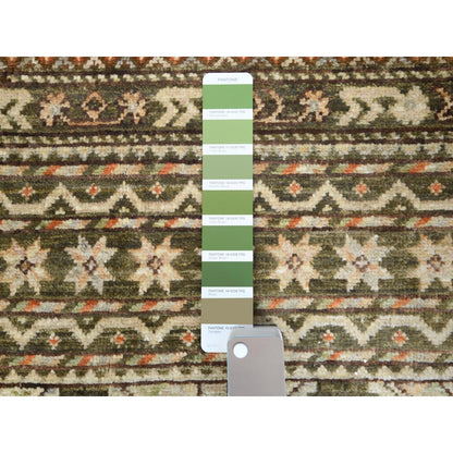 4'X5'9" Green Hand Knotted Super Kazak Khorjin Design Natural Wool Rug