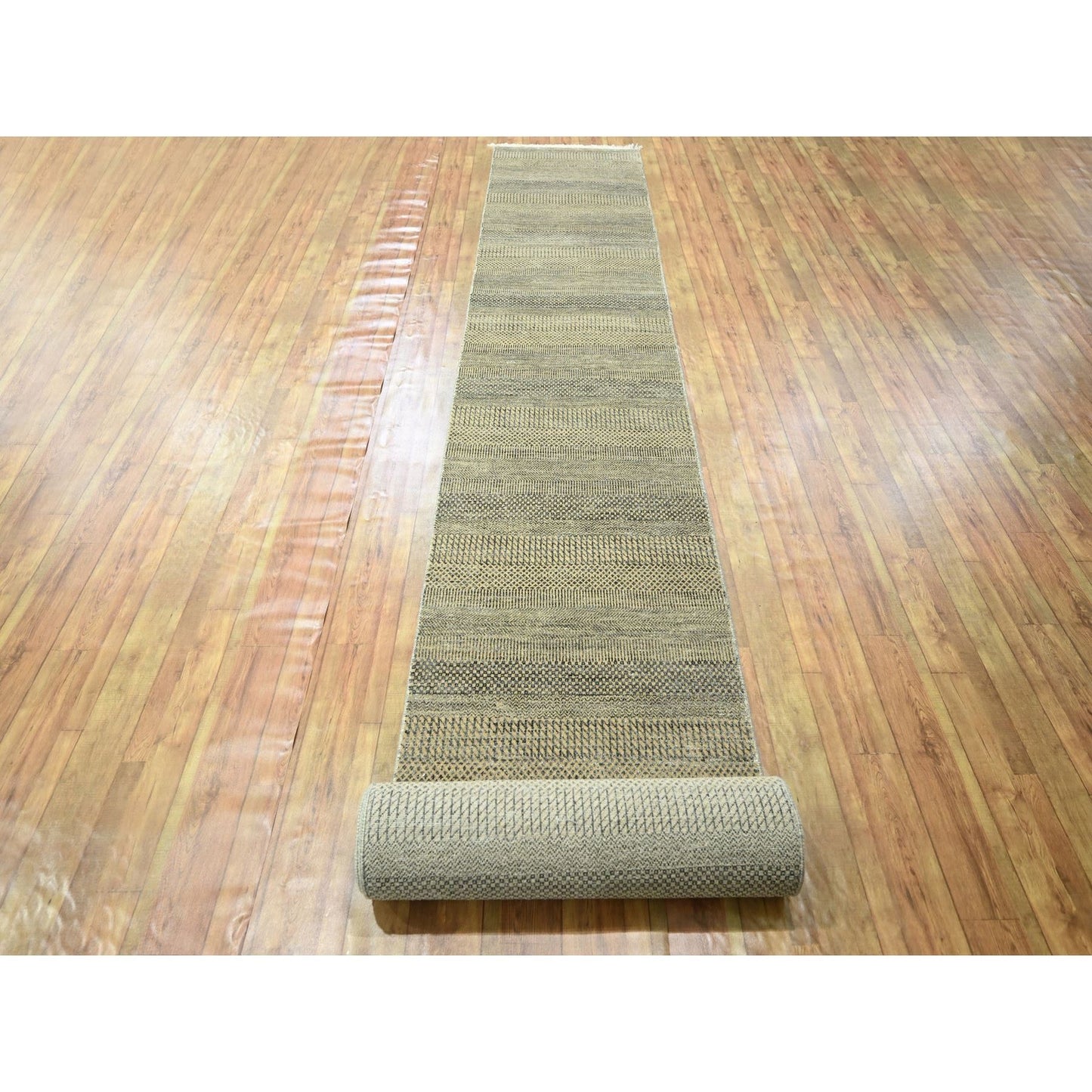 2'6"X20'4" Brown Modern Grass Design Hand Knotted Wool & Silk Runner Rug