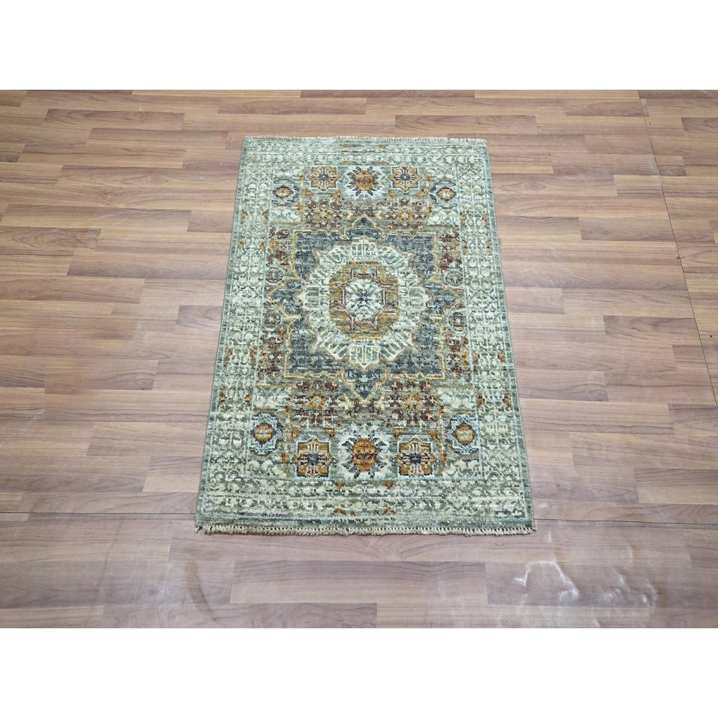 2'1"X3'1" Green Hand Knotted Rug Wool Pre Historic Mamluk Design Mat Small