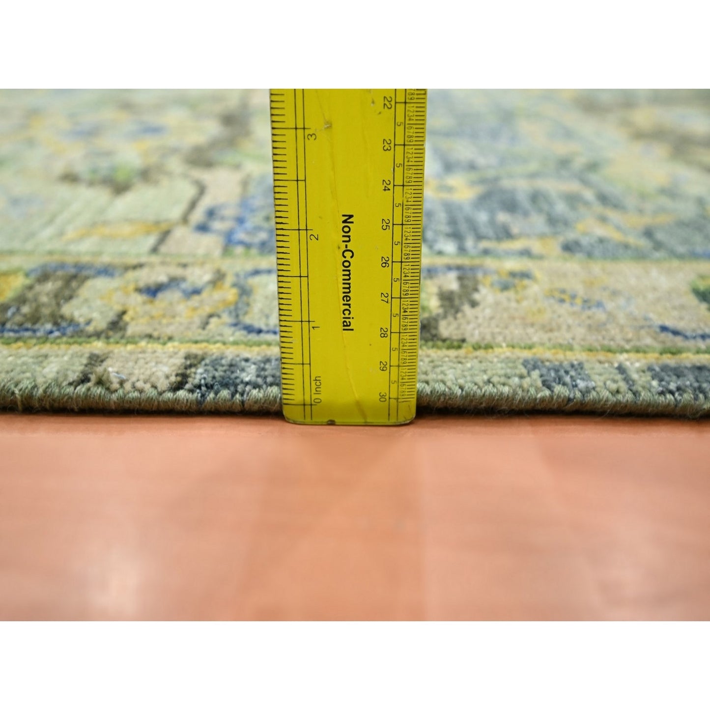 2'7"x10'5" Green Erased Zoroastrian Design Hand Knotted Wool Runner Rug