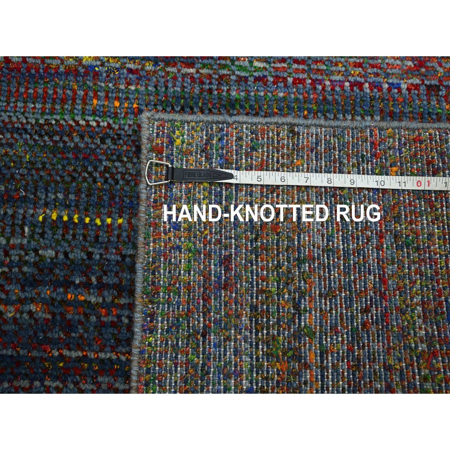 3'X10'1" Blue Wool And Silk Modern Grass Design Hand Knotted Runner Rug