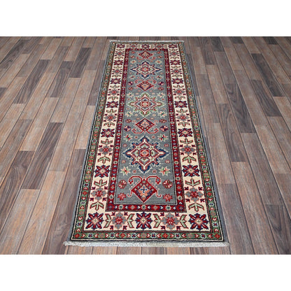 2'2"X6' Misty Gray Kazak Medallions Design Wool Hand Knotted Runner Rug