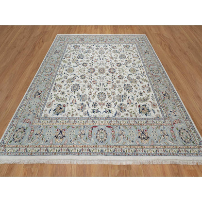 10'2"X10'2" White Nain Flower Motif Wool And Silk Hand Knotted Square Rug