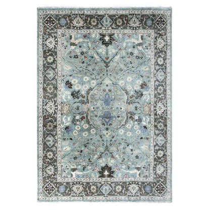 9'X11'9" Teal Green Hand Knotted Oushak With Floral Motifs Soft Wool Rug