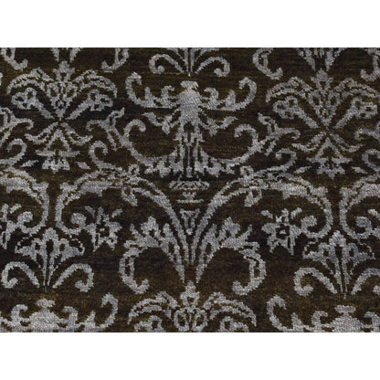 2'4"X9'8" Green Abarasque Motif Design Wool And Silk Handmade Runner Rug
