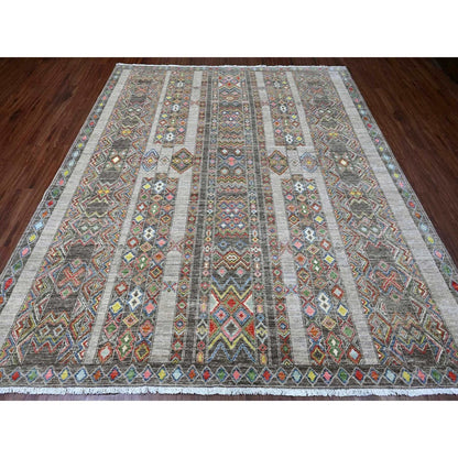 8'1"X9'6" Gray Geometric Design,Berber Influence Wool Hand Knotted Rug